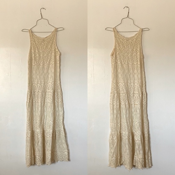 𝅺VINTAGE Beige Lace Sheer Dress with Slip - Picture 1 of 8